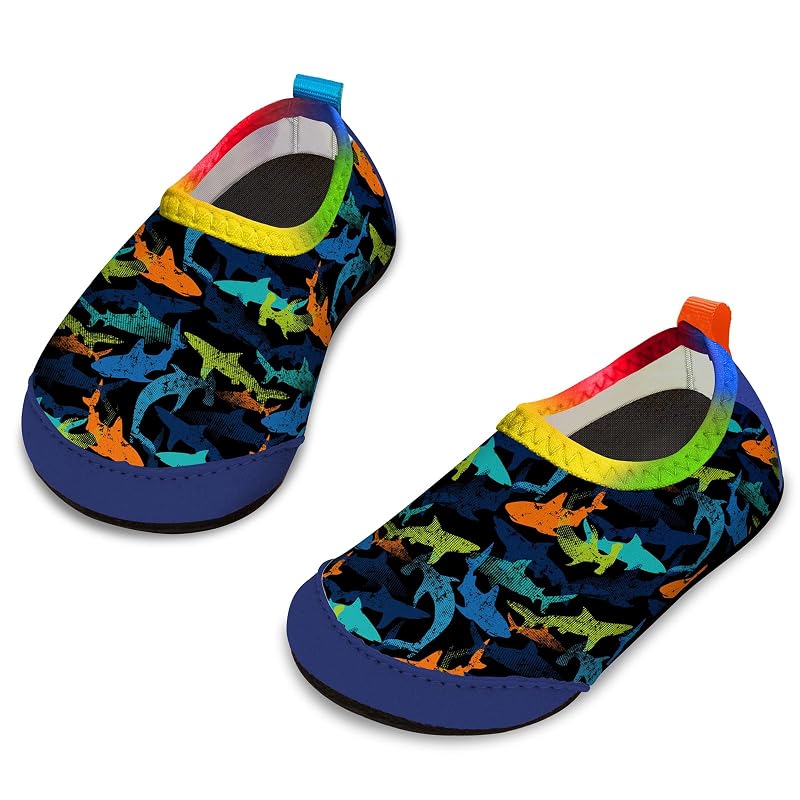 Beach Water Shoes for Kids - Non-Slip Aqua Socks with Colorful Shark Variation (Toddler 3.5-4.5)