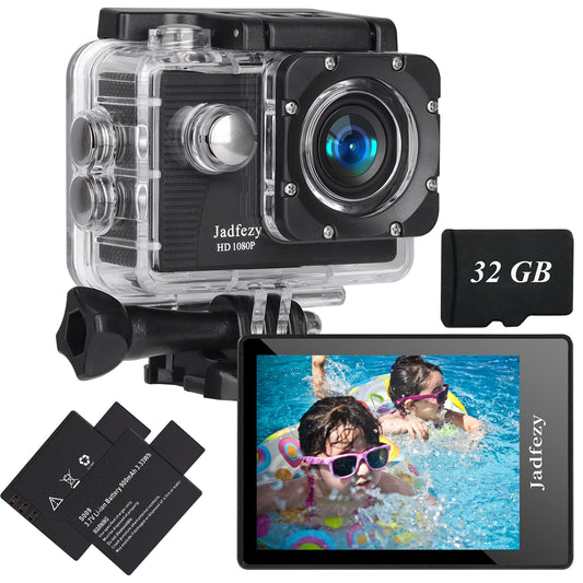 Jadfezy Action Camera FHD 1080P with 32GB Card, 98FT/30M Underwater Waterproof Camera with 2 Rechargeable Batteries, Wide Angle Sports cam with Accessories Kit Suitable for Helmet, Bicycle, etc.