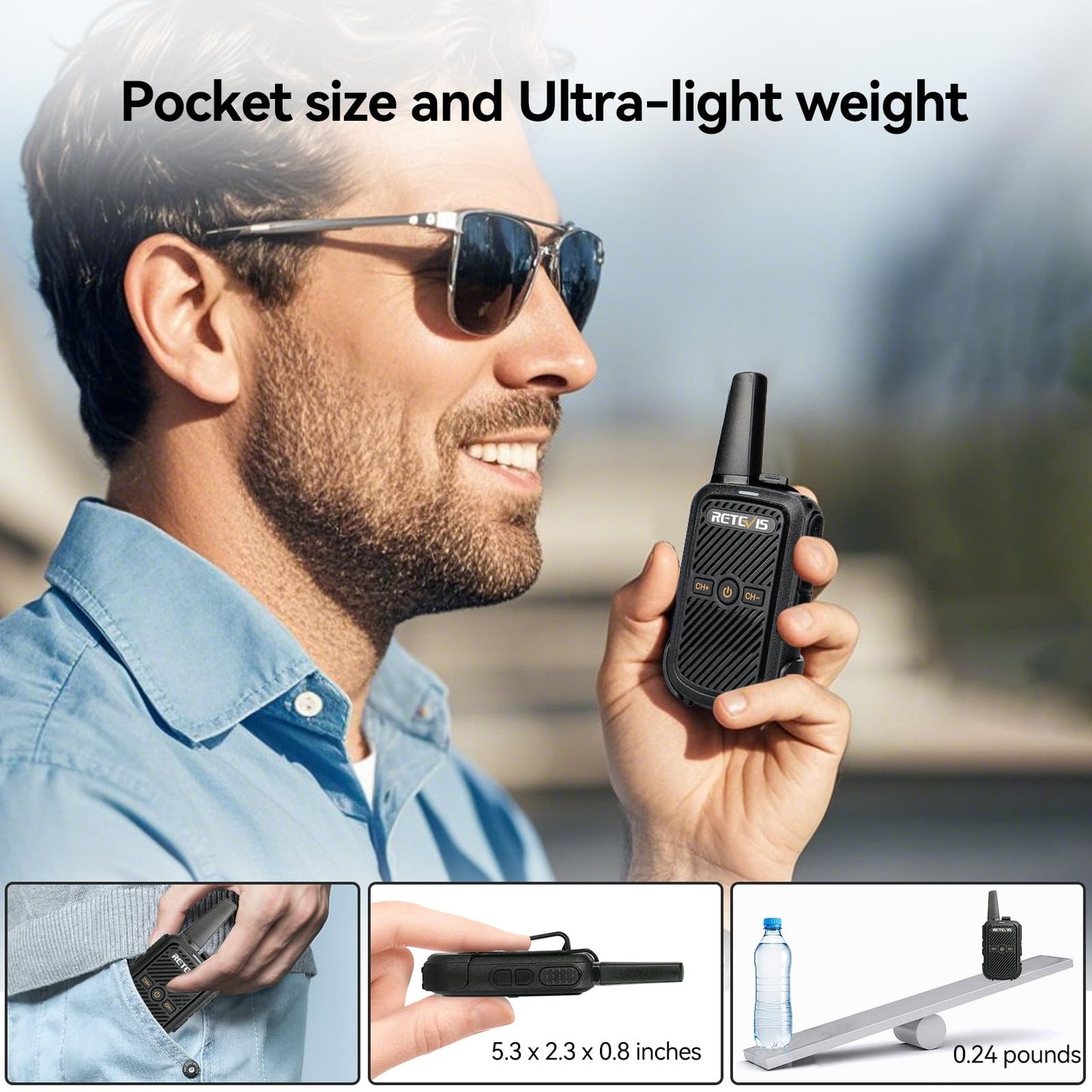 Retevis RT15 Mini Walkie Talkies for Adults, Small Portable 2 Way Radios, Low Battery Warning, VOX, Compact, Walky Talky Rechargeable for Warehouse Camping Hiking Outdoor Trip Family Travel(3 Pack)