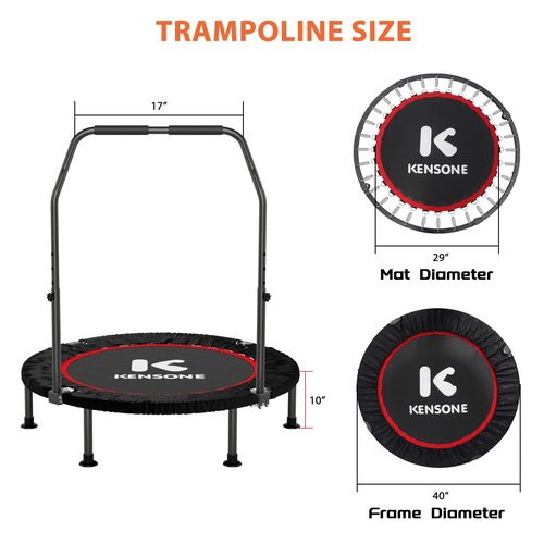 K KENSONE 40??Mini Trampoline for Adults with Purple Resistance Band, Fitness Rebounder for Indoor Workout with Adjustable Foam Handle, Small Home Exercise Equipment, Max Load 330lbs