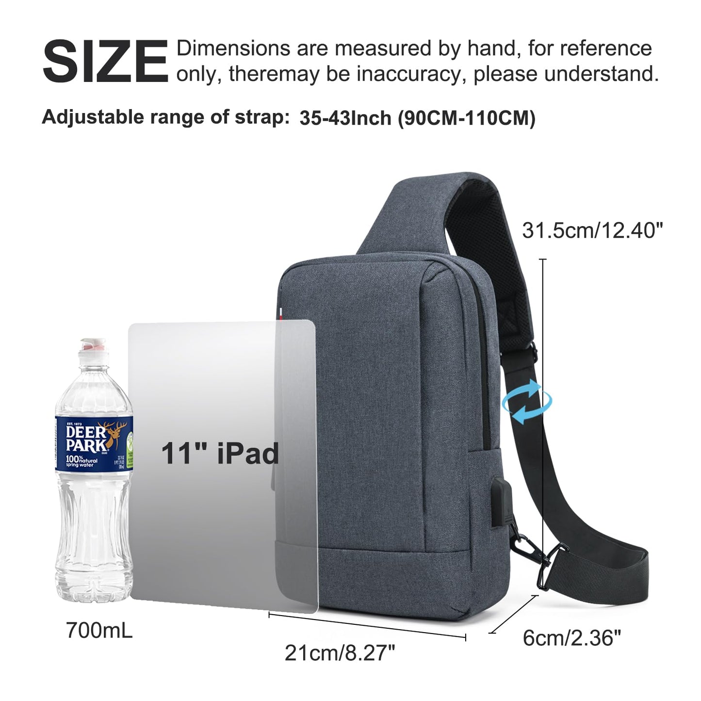 Sling Bag Crossbody Bag Men with USB Charging Port Small Messenger Bag Cross Body Shoulder Bag Sling Backpack Women with Adjustable Shoulder Strap (Oxford Cloth, Grey)