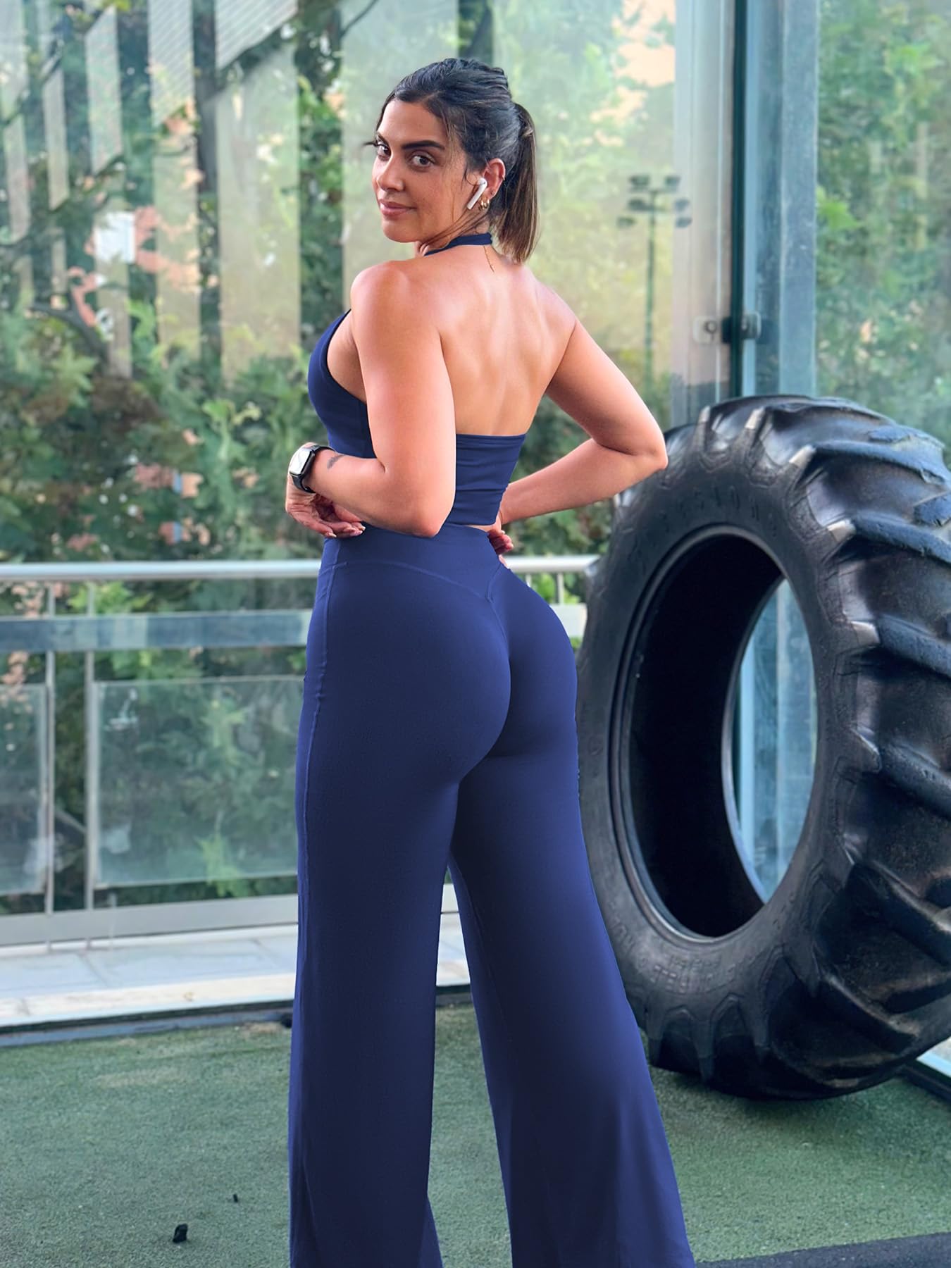 YEOREO Workout Leggings Womens No Front Seam Straight Leggings 33" Thin Fleece High Waist Buttery Eddiy Gym Yoga Pants Navy Blue XL