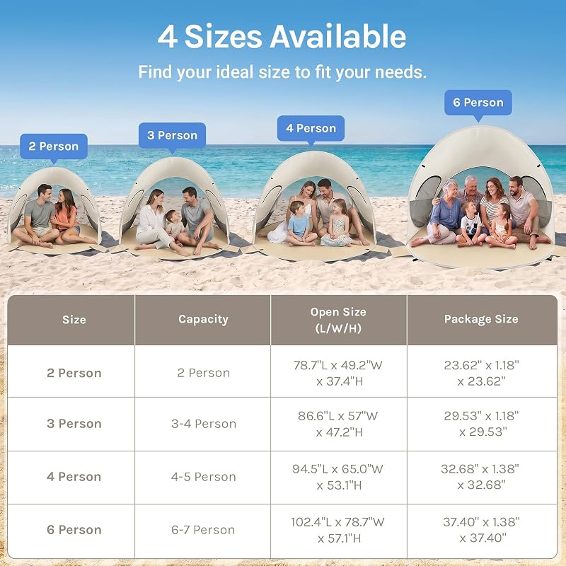 Wolfwise 3 Person Pop Up Beach Tent - Beige, Easy Setup Sun Shade Shelter