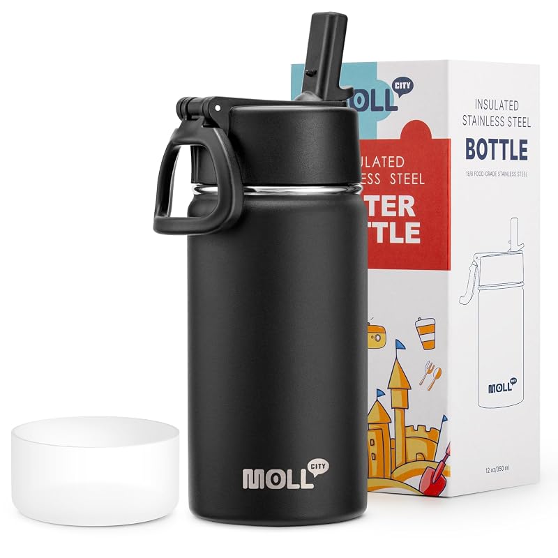 Water Bottle with Straw - 12 Oz Black, BPA Free, 18/8 Stainless Steel, Mollcity