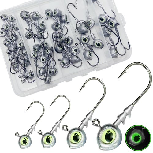 DAMIDEL 50Pcs/Box Swimbait Jig Heads Fishing Hooks with 3D Eye，4 Sizes（1/4oz.3/8oz,1/5oz. 1/8oz Mixed，Automatic stabilization Head Design/Luminous,Bass Freshwater&Saltwater