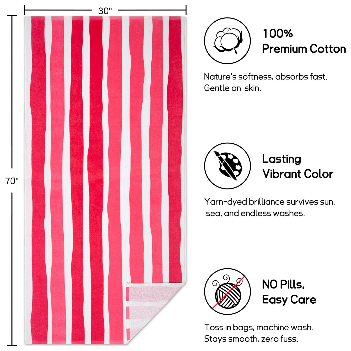 cabanana Large Beach Towel Oversized - 35 x 70 Inch Cotton Pool Towel, Soft Thin Velour Swim Towel for Adults (Stripes Pink)