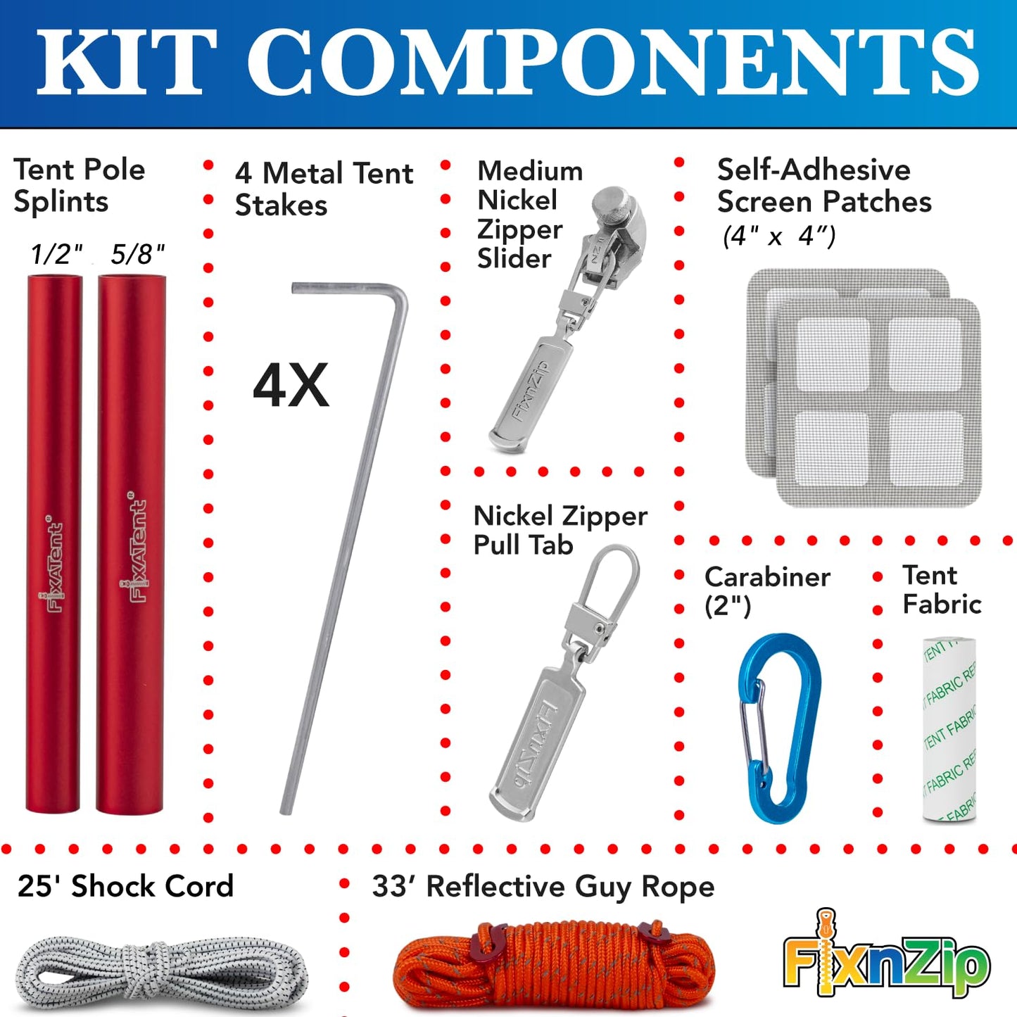 FixNZip FixATent Premium | Complete Tent Repair Kit with Zipper Slider, Pole Splints, Shock Cord, Screen Patches, Fabric Tape, Stakes, Guy Rope & Waterproof Dry Bag | Full Camping Gear Emergency Kit