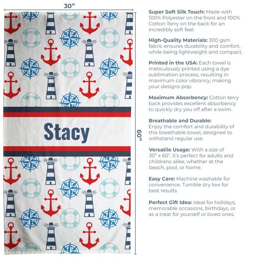 Personalized Kids Beach Towel – Custom Name Towels for Boys & Girls – Super Soft Silk Touch, Great for Pool, Beach or Vacation; Nautical Anchors, Large 30"x60", 1-Sided Printing, Printed in The USA