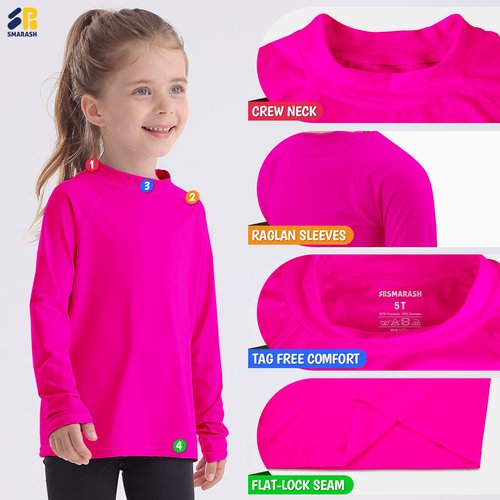 Girls Rash Guard Swim Shirt Long Sleeve for Toddler Kids Rashguard Water Shirt UPF50+ Neon Pink 4T