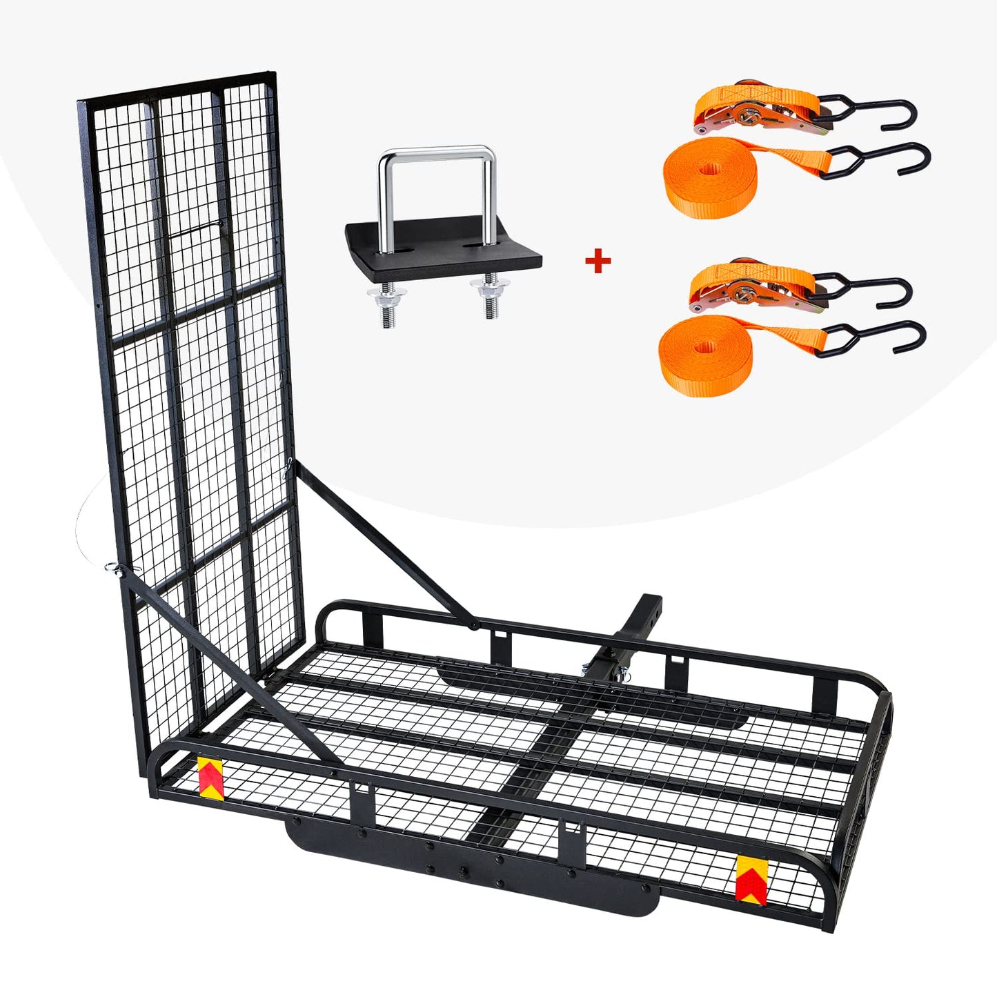 Hitch Mount Steel Cargo Carrier Basket with 49'' Folding Wheelchair Ramp, Fits 2'' Trailer Mounted Hitches