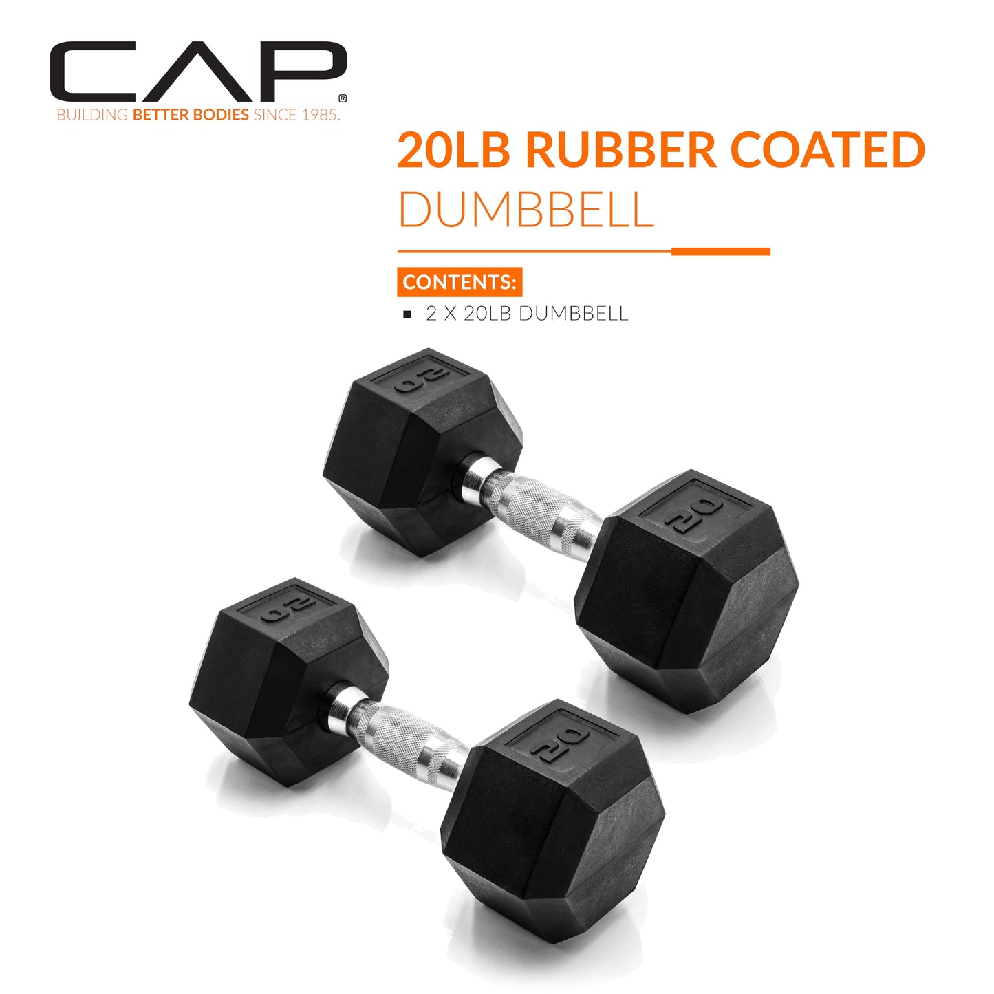 CAP 20 LB Rubber Coated Hex Dumbbell Weight, Rubber Free Weights for Home Gym Strength Training, Chrome Handle, Pair