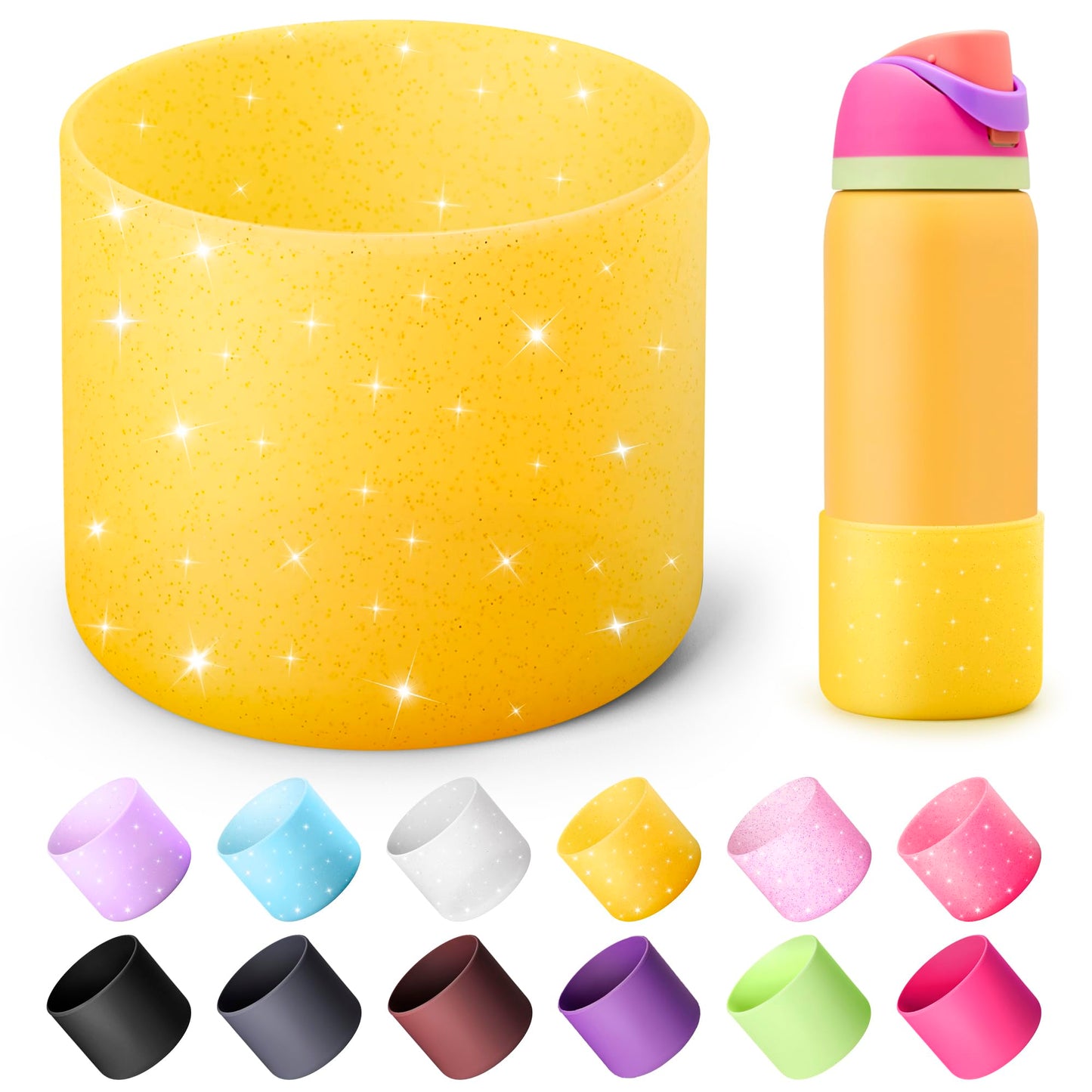 Diumepo Silicone Water Bottle Boot for Owala 32 oz, Anti-Slip Protective Sleeve for Owala Twist & FreeSip & Flip Stainless Steel Water Bottle, Boot Bottom Base for Owala (Glitter Yellow)
