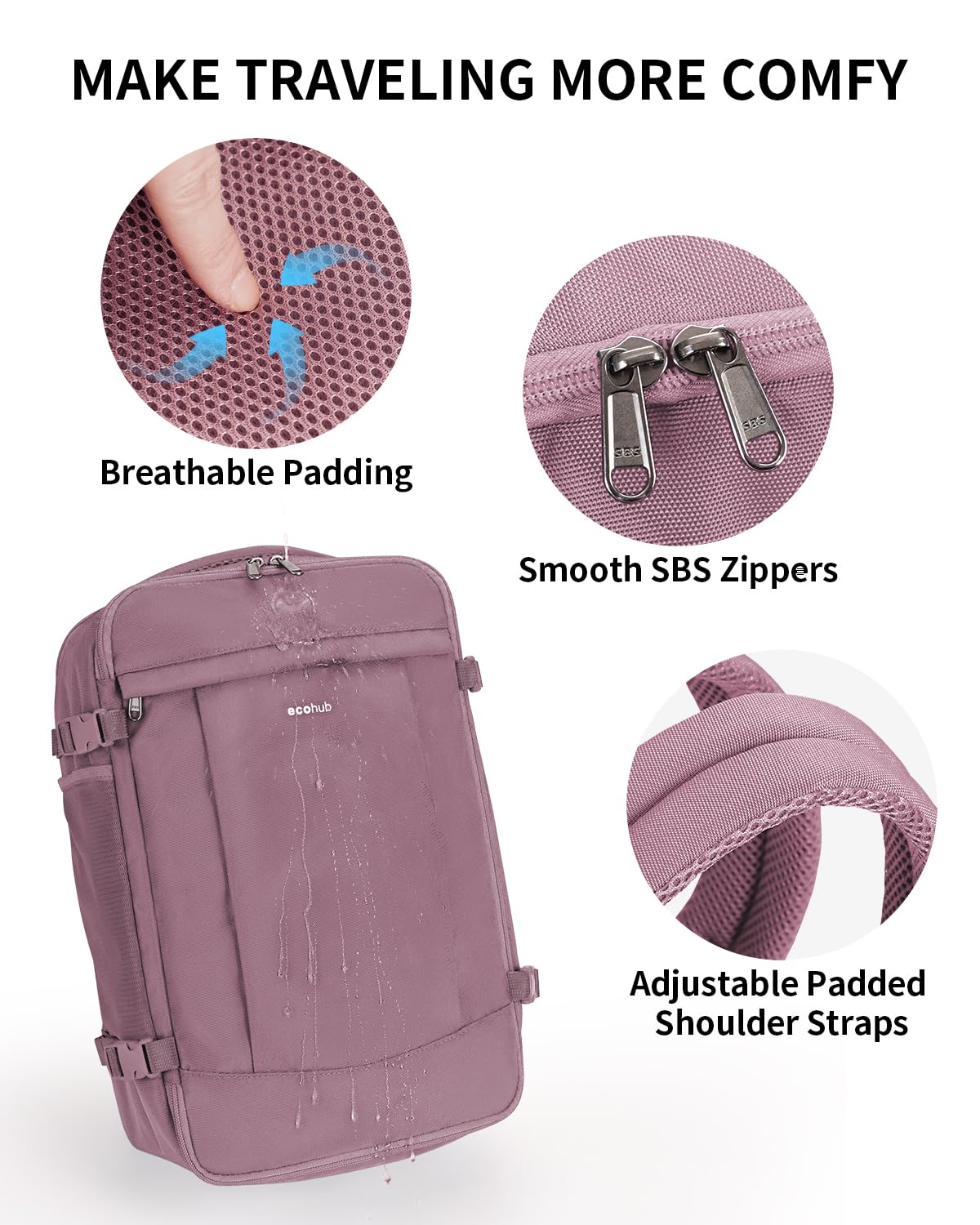 ECOHUB Travel Backpack for Women, Carry on Backpack with USB Charging Hole, Spirit Airlines Personal Item Bag Flight Approved, 15.6 Inch Laptop Backpack with Anti Theft Pockets, 30L, Pink