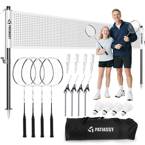Patiassy Professional Badminton Set with Carbon Aluminum Badminton Rackets Set of 4, Outdoor Portable Badminton Net with Winch System, 2 Goose Feather Badminton Shuttlecocks, Boundary and Carrying Bag
