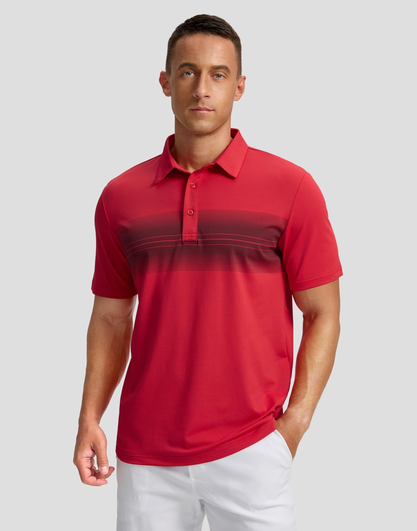 Men's Golf Shirts Dry Fit Moisture Wicking Performance Short Sleeve Collared Polo Shirts for Casual Tennis Bussiness (Red Stripe, XL)