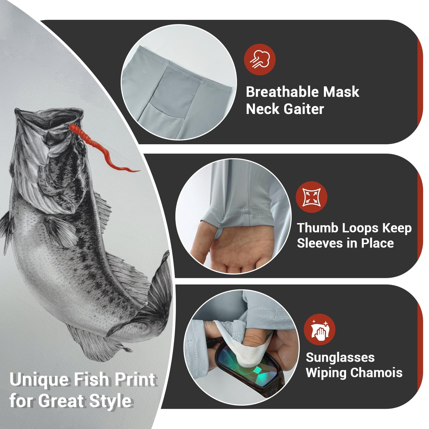 Palmyth Sun Hoodie Mens,Hooded Fishing Shirt Long Sleeve UPF 50+ Sun Protection Mens Fishing Shirt Sketch Rash Guard Breathable Quick-Dry (Gray/Largemouth Bass, L)