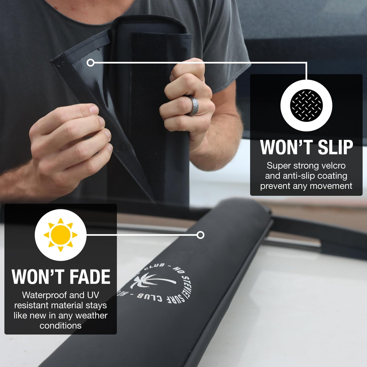 Ho Stevie! Surfboard/SUP Aero Roof Rack Pads (Set of 2 Pads, 28" or 17") for Cars with Crossbars (28")