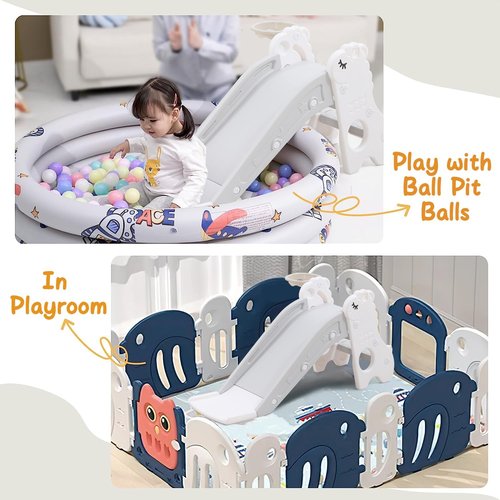 Toddler Slide for Kids Indoor Baby with Climber Ball Pit Slide in Pearl White Kids Indoor Freestanding Playset with Basketball Hoop