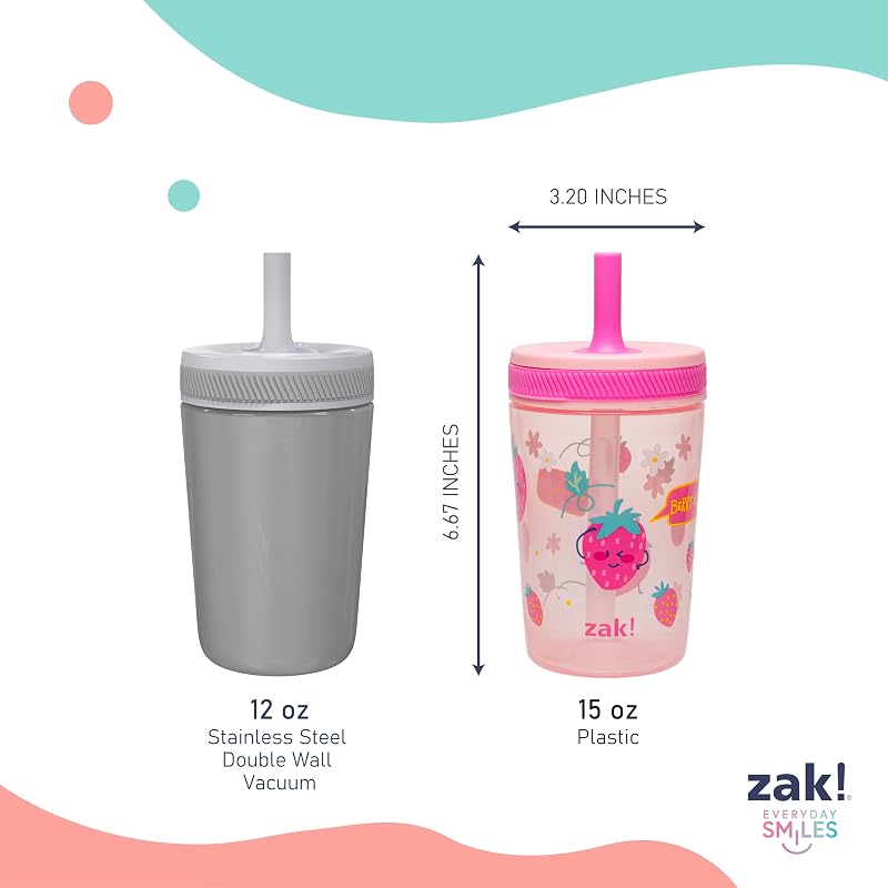 Zak Designs Kelso 15oz Sippy Cups - 2 Pack, Leak-Proof Plastic Drinkware, Sweet Berry & Lemon Zest (Variation: 15 Ounces Pack of 2 + Drinkware)