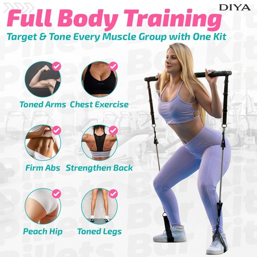 DIYA Pilates Bar Kit with Resistance Bands - Stretched Pilates Bar for Women & Men, 140 lbs Equipment for Legs, Hips, Waist, Arms, Back - Travel Friendly Adjustable Home Gym Kit for Full Body Workouts