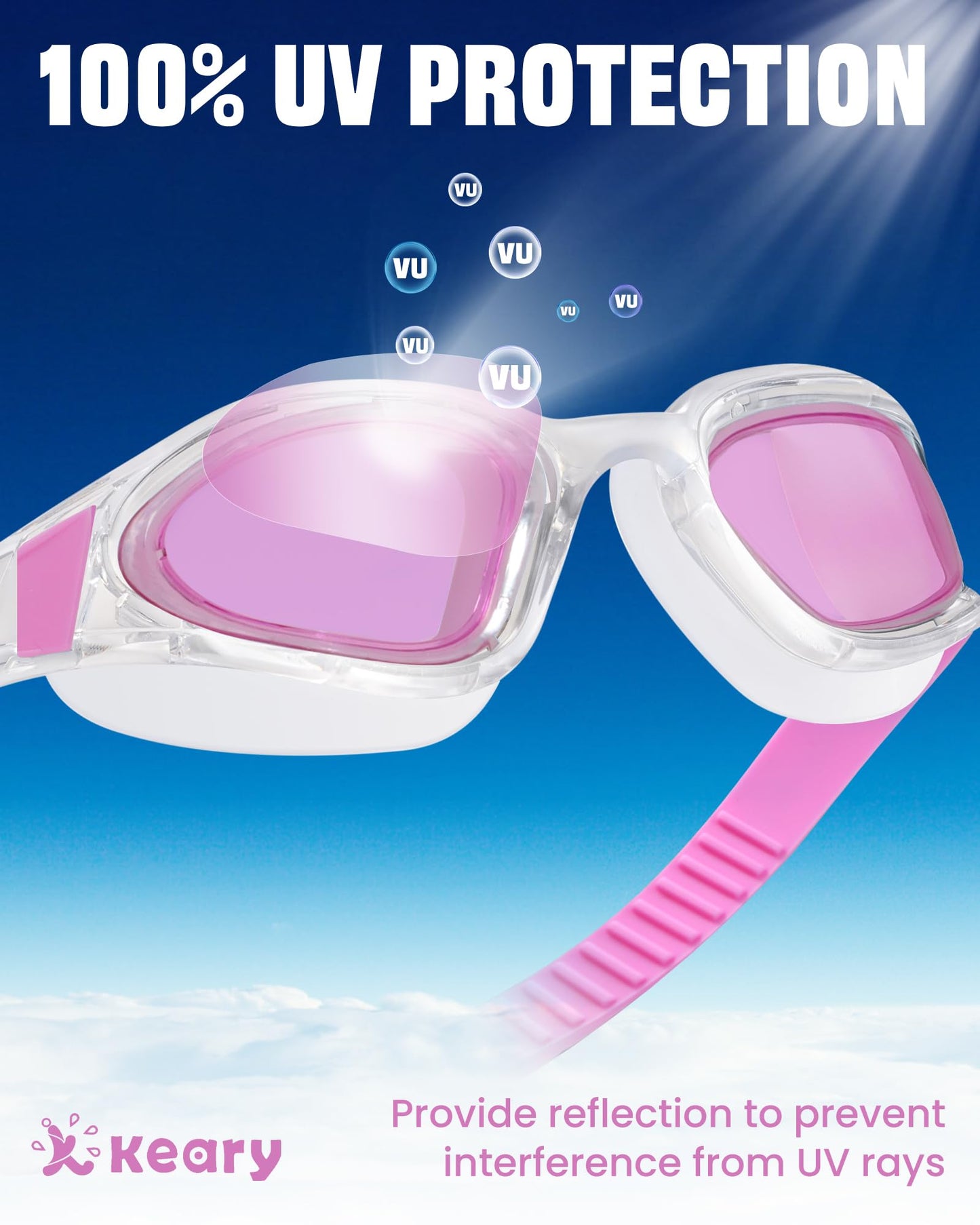 Keary Pink Swimming Goggles Adult Anti-Fog UV Protection Wide Field Vision Unisex Full Rim Plastic Frame Compact Round Swim Goggles with Case