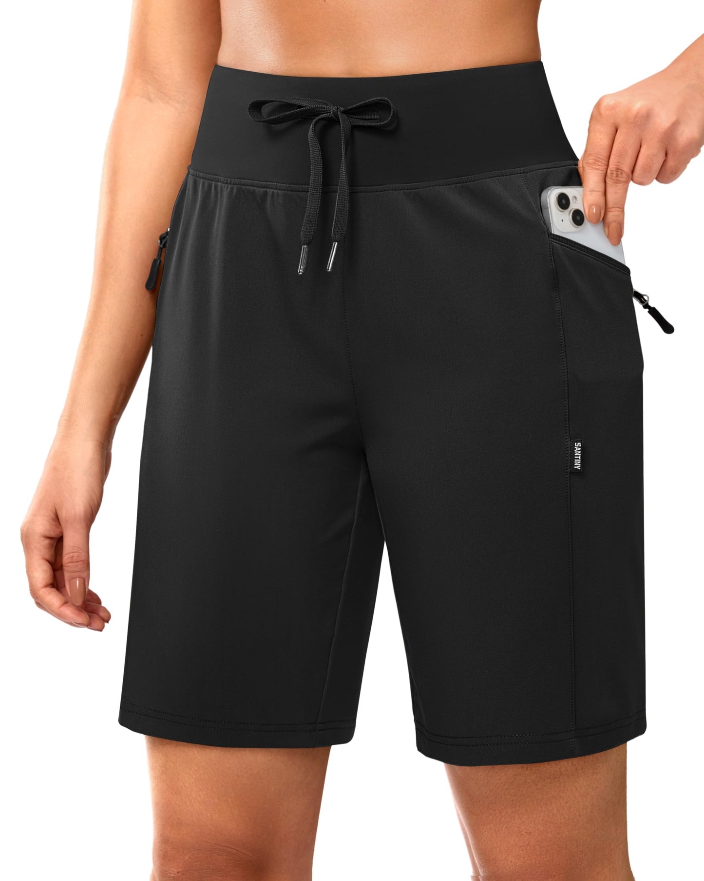 SANTINY Women's 9" Hiking Shorts with 3 Zipper Pockets Lightweight Quick Dry Long Shorts for Women Athletic Travel (Black_XL)