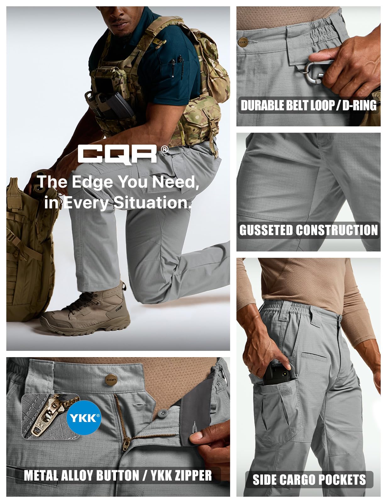 CQR Men's Tactical Pants, Water Resistant Ripstop Cargo Pants, Lightweight EDC Work Hiking Pants, Outdoor Apparel, Raider Mag Pocket Stone, 32W x 30L