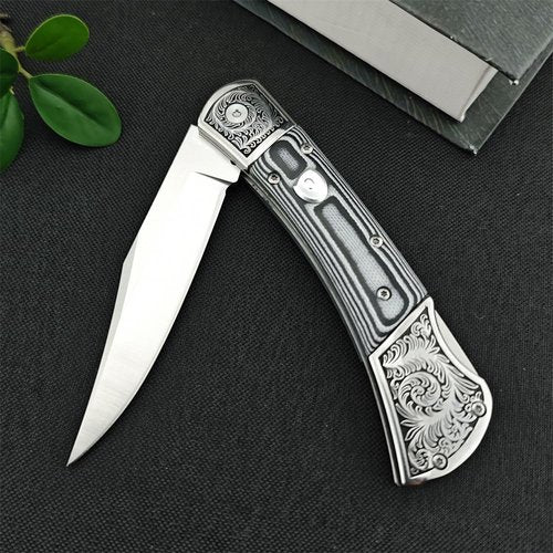 Assisted Opening EDC Pocket Knife for Men, D2 Stainless Steel Blade, Lock-back Tactical Knife with Mikata Handle, Button Folding Knife for Camping (Grey)