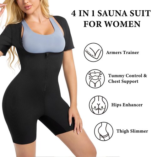 Meiosuns Sauna Suit for Women Ribbed Full Body Sweat Suits Weight Loss Jumpsuit Waist Trainer Shaper 4 in 1 Slimming Heat Trapping Sweat Shirt for Belly Fat Workout Gym Shapewear (Blue, M)