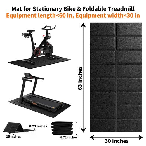 Exercise Bike Treadmill Mat 63x30,Compatible with Peloton, 1/4" Thick Indoor Bike Trainer Mat for Hardwood Floors, for Spin Stationary Bike, Equipment Stability Mat for Workout, Noise Shock Absorption
