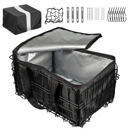 Foldable Rear Bike Basket for Bicycle/Electric Bike - Metal Cargo Basket with Rain Cover, Elastic Storage Net & Insulated Thermal Liner Bag - Perfect for Commuting, Groceries, Pets, Outdoor Travel