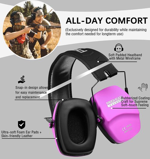 PROHEAR 016 Ear Protection Safety Earmuffs for Shooting, NRR 26dB Noise Reduction Slim Passive Hearing Protector with Low-Profile Earcups, Compact Foldable Ear Defenders for Gun Range, Hunting (Pink)