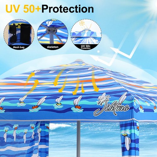 Jihfmo Beach Cabana, 6.2'×6.2' Beach Canopy with Side Wall, UPF 50+ UV Protection Easy Setup Tent Sun Shelter with Sand Pockets for Whole Family(Summer Sailboat)