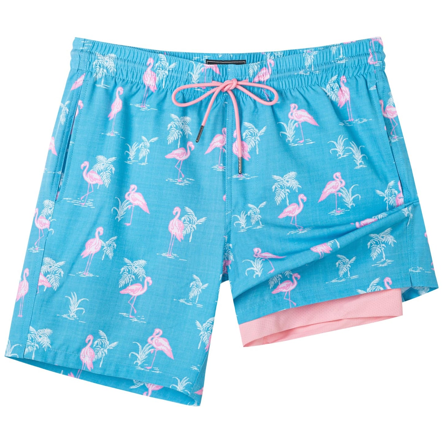 SURF CUZ Mens Swim Trunks with Compression Liner Quick Dry Swim Shorts 7" Swimming Trunks Stretch Zipper Pockets,Flamingo-Green,L