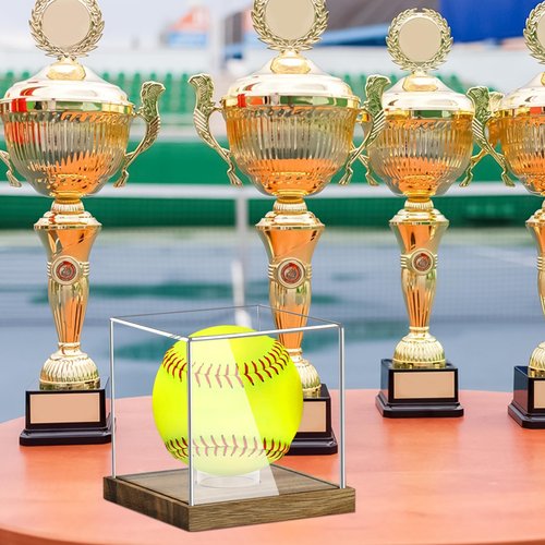 Hooqict Softball Display Case Clear Acrylic Ball Holder UV Protected with Wood Base Stand, Softball Case Display Box Championship Square Box for Golf Tennis Game Ball Baseball