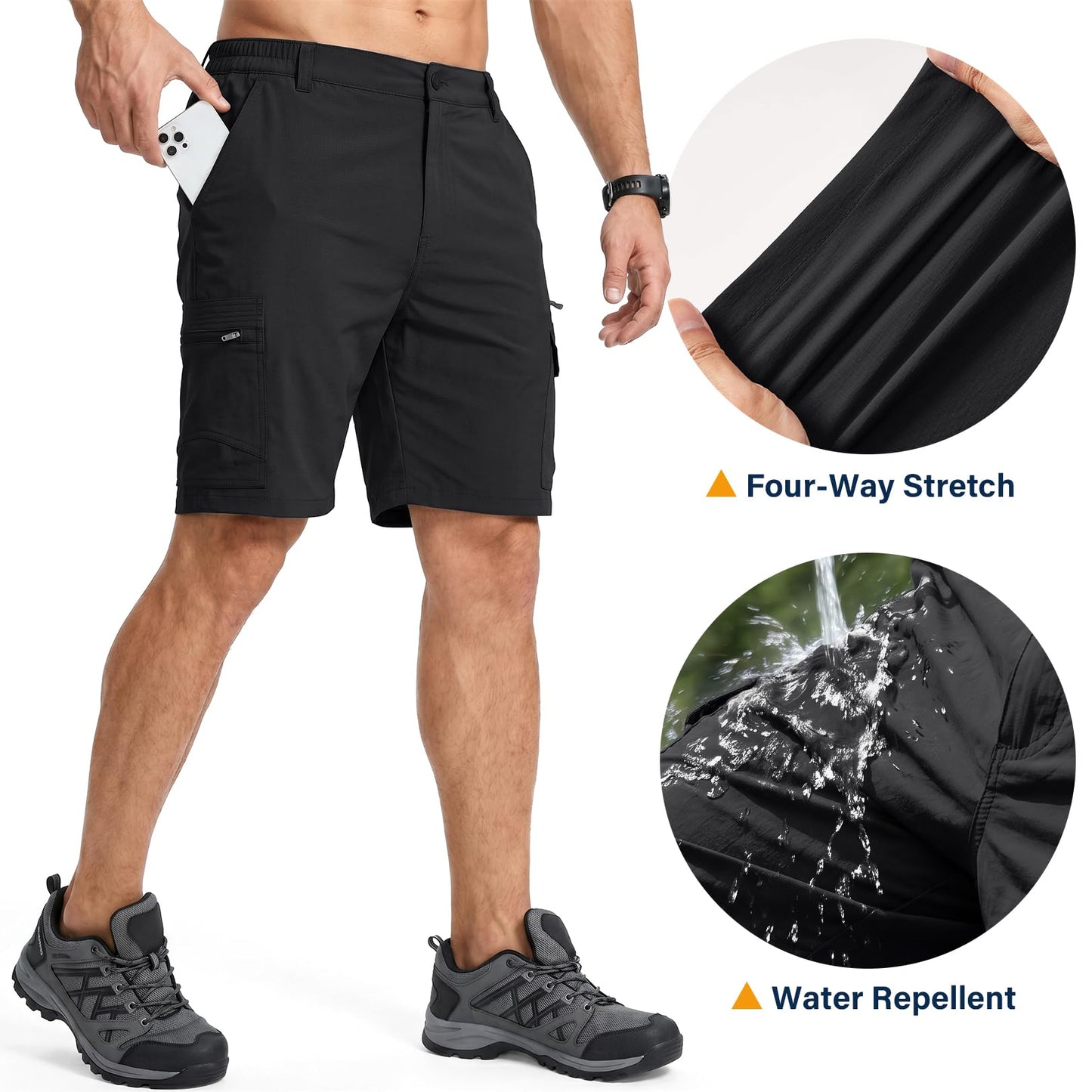 Jessie Kidden Mens Outdoor Casual Expandable Waist Lightweight Water Resistant Quick Dry Fishing Hiking Shorts #6222-Black,42
