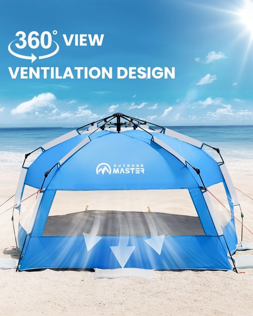 OutdoorMaster Beach Tent with Blackout Shelter Technology, Portable Sun Shade Shelter 4 Person, Pop Up Beach Tents with UPF 50+ UV Protection, 9.5mm Thick Pole, 3 Ventilating Mesh Windows