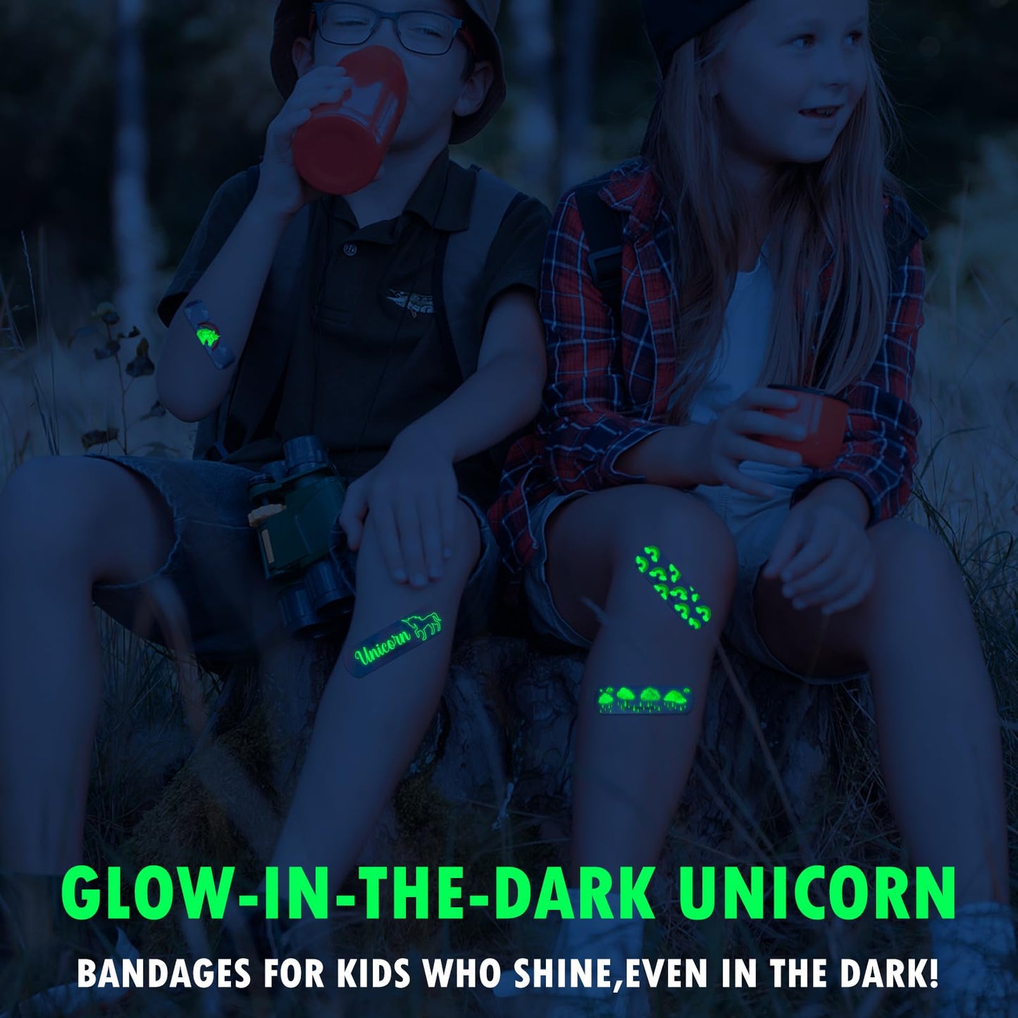 Threlaco 100 Pcs Glow in the Dark Bandage for Kids Cute Breathable Waterproof Neon Bandages for Girls Boys Children Toddlers Adhesive Flexible Wrap for Cuts, Scrapes, Wounds (Unicorn)