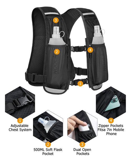 NOOLA Running Vest with Dual 500ml Soft Flask, Lightweight Hydration Vest for Women Men, Water Backpack with Adjustable Straps, Running Hydration Pack for Trail Marathon Race Jogging Cycling, Black