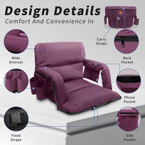 Stadium Seats with Back Support,Wide Stadium Chairs with Back and Cushion, Sofa Style Stadium Seats, 6 Reclining Positions, Extra Thick Bleacher Seat for Sports Events (Purple-1 Pack, Wide|25")