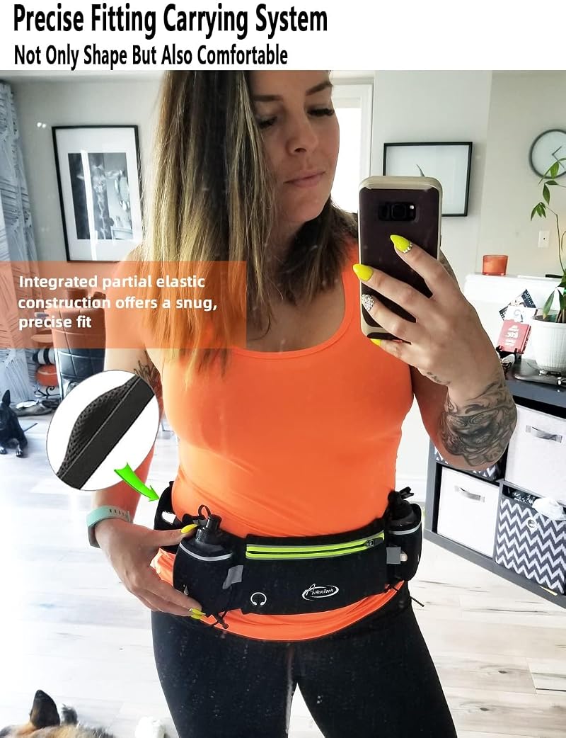 AiRunTech Hydration Running Belt with 2x 10oz Water Bottles - Phone & Wallet Holder, Reflective Pocket, Adjustable Fit