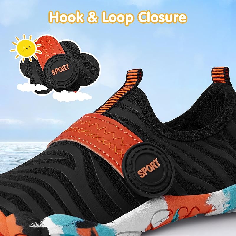 Kids Water Shoes - Quick-Dry Barefoot Style for Boys & Girls, 4-12 Years, Black-Orange Ripple (Big Kid)