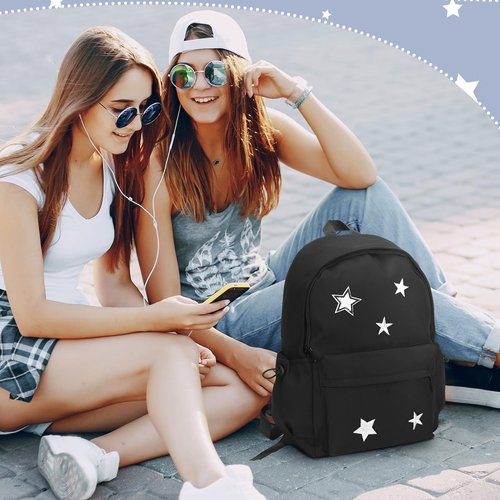 Sunnymove 3 Pcs Cute Y2k Star Backpack Set with Lunch Bag and Pencil Case, Kawaii Aesthetic Canvas Bookbag, Preppy Grunge Trendy Backpack College Casual Day Pack for Women Black