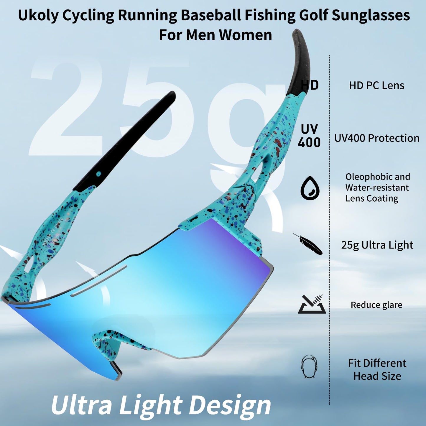 Ukoly Cycling Sunglasses for Men Women with 3 Interchangeable Lenses,Polarized Sports Sunglasses,Baseball Glasses SpU
