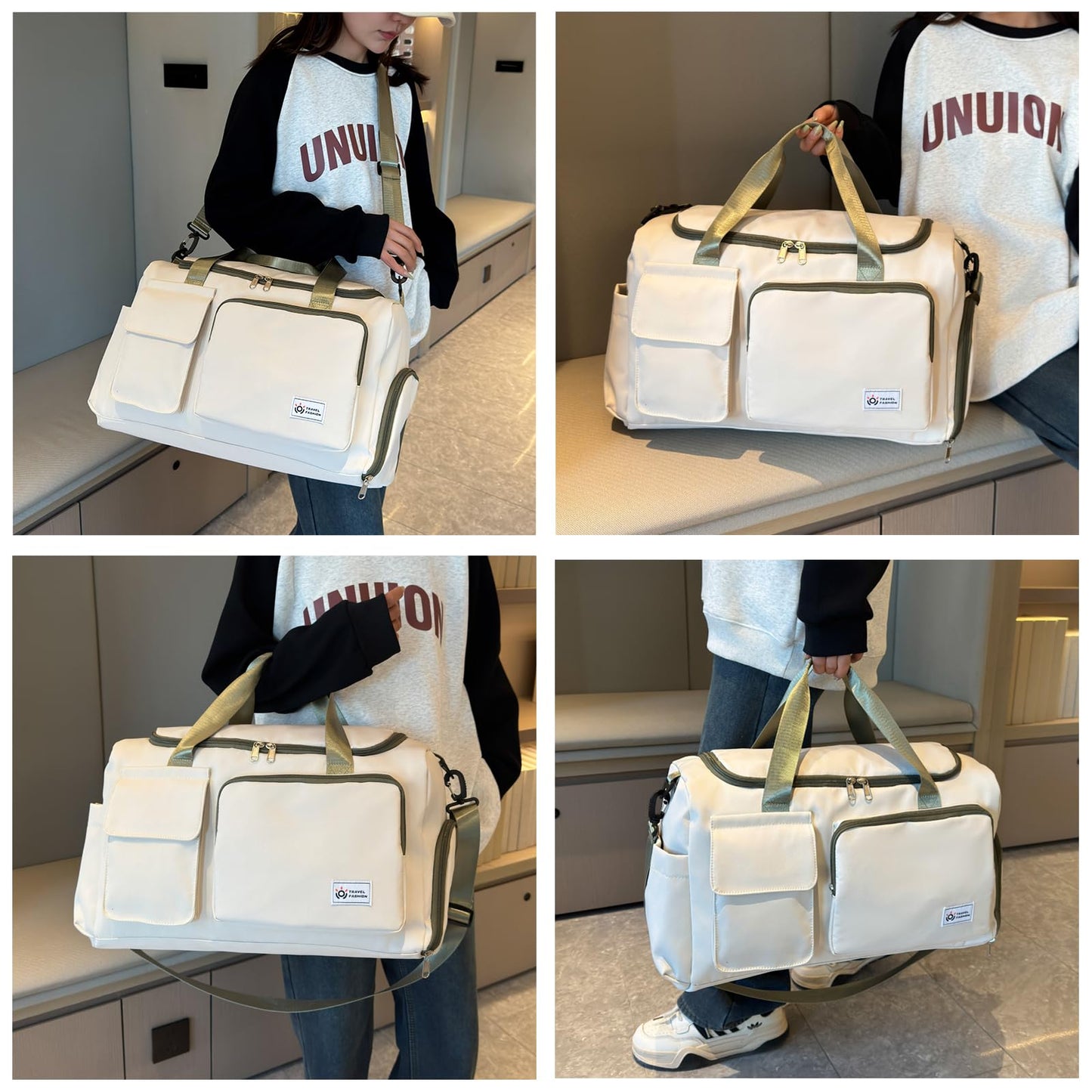 BEULPTN Small Gym Bag for Women, Waterproof Travel Duffle Bag Carry On Weekender Bag with Shoe Compartment & Wet Pocket, Gym Tote Bag for Travel, Workout, Sport, 40#Beige-Zipper