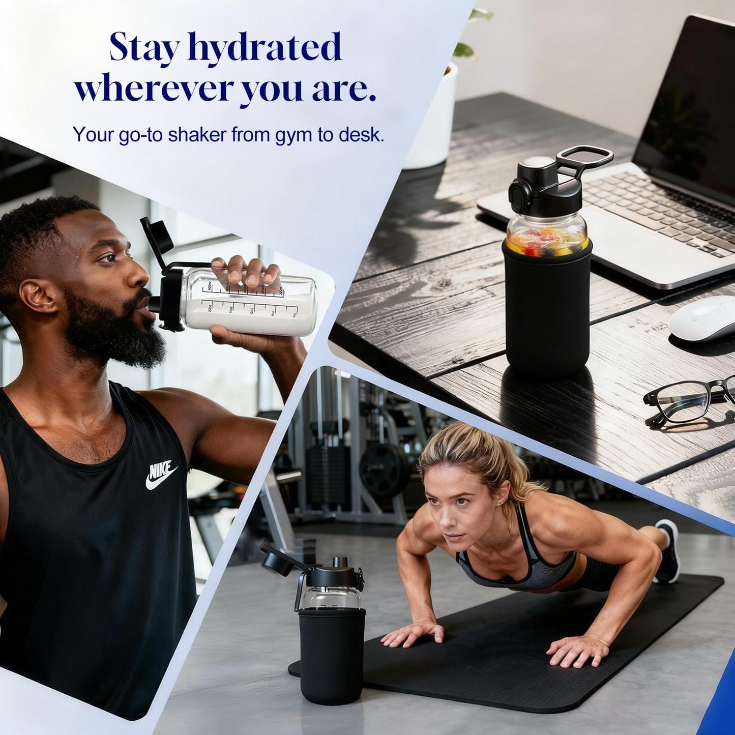 Neodaco 24 OZ Glass Shaker Bottle, Odorless Shaker Bottle with 304 Stainless Steel Ball and Removable Cleaning Brush for Fitness Protein Mixes