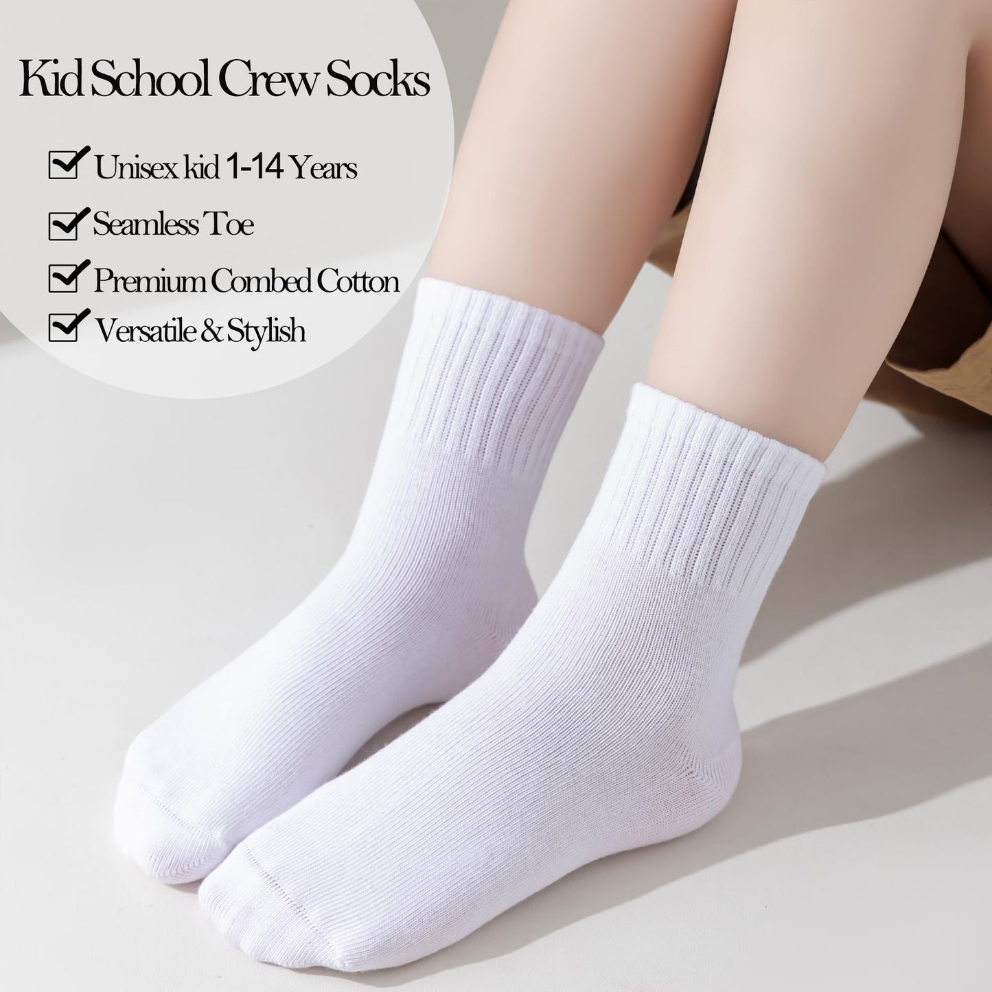 JORMATT 4 Pairs School Kids Boys Socks Girls Cotton Athletic Crew Dress Socks Seamless Toe Unisex, White Size XL 11-14 Years