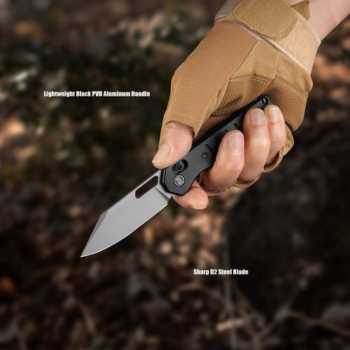 M Miguron Gatov Folding Knife 2.81" Sandblasted D2 Blade Black PVD Aluminum Handle With Deep Steel Pocket Clip Camping Hiking Pocket Knife MGR822ABK