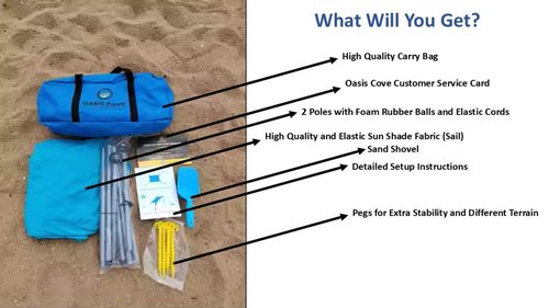 Oasis Cove Beach Tent Sun Shelter, 10 x 10 FT Beach Canopy Tent Sun Shade with 4 Sandbags, 2 Poles,Elastic Cords, Sand Shovel + 4 Ground Pegs UPF50+ Beach Shade Canopy for Outdoor Camping, Fishing