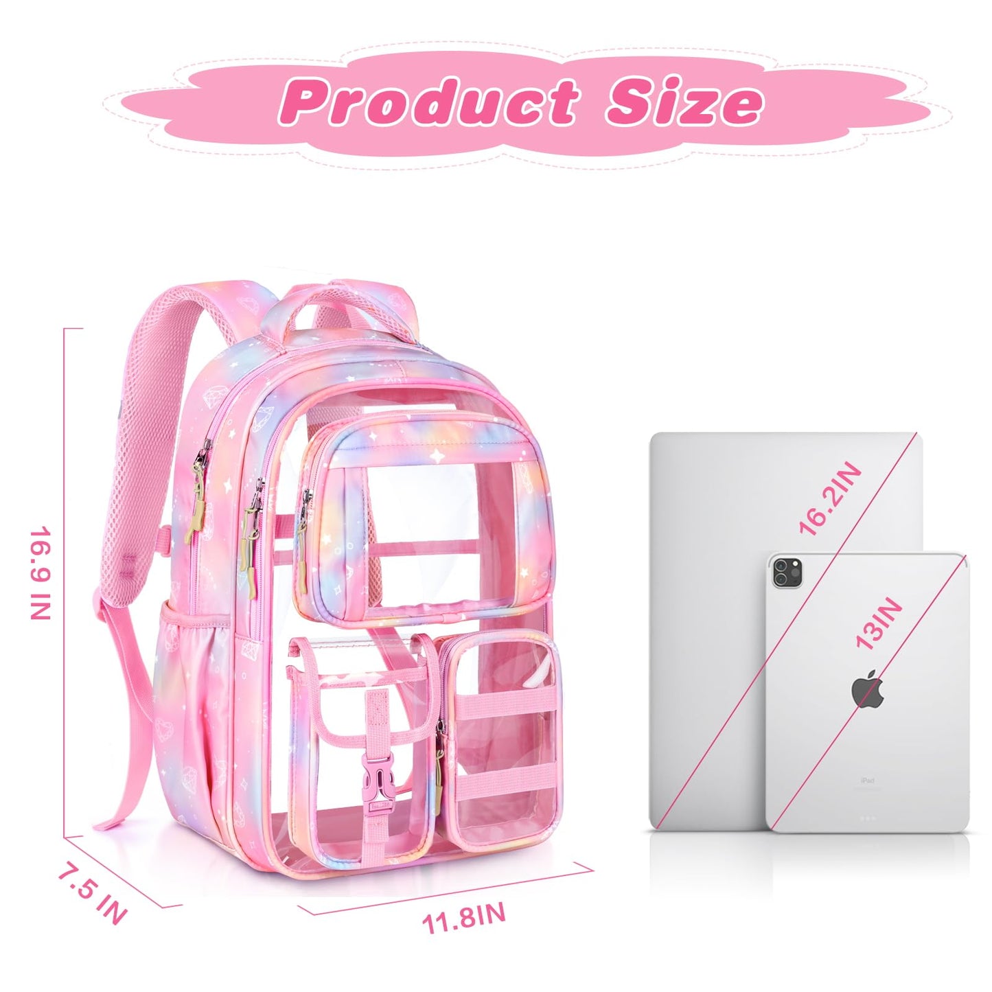 PAMANO Clear Backpack for Girls, Heavy Duty Transparent Bookbag for Kids, See Through Cute Backpacks for Elementary Primary School Work Sport Travel - Pink